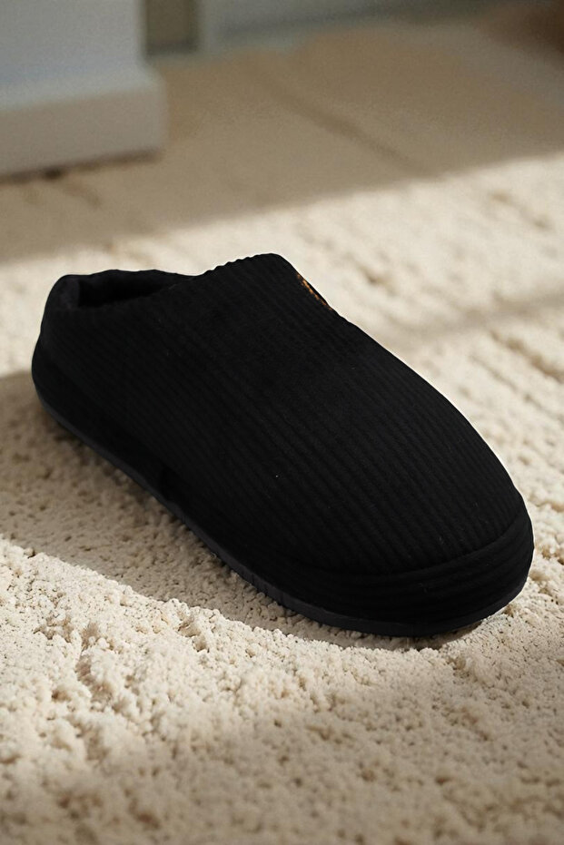 Uniszex hímzett bársony bordázott mintás kényelmes, puha talpú, szőrmével bélelt házi papucs. Papucs - 8