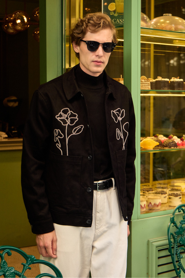 Men's Floral Patterned Jacket Black - 2