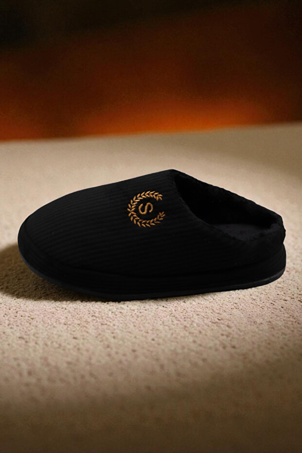 Uniszex hímzett bársony bordázott mintás kényelmes, puha talpú, szőrmével bélelt házi papucs. Papucs - 6