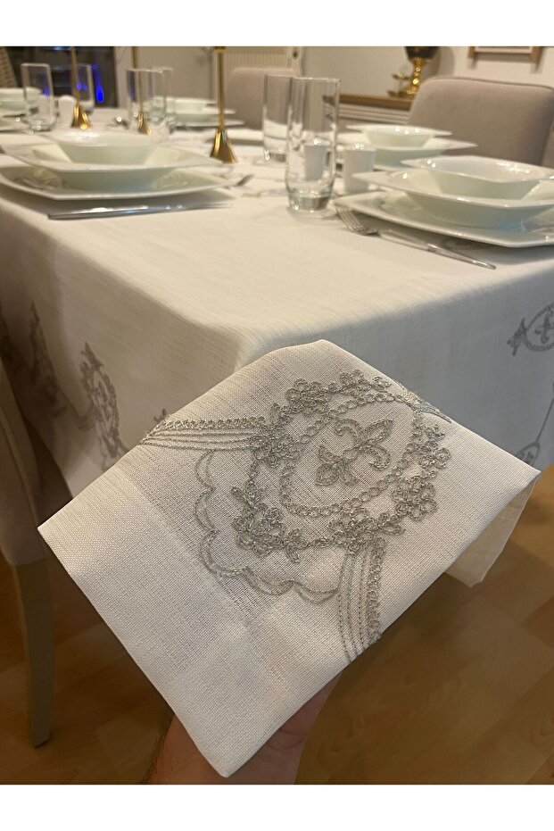 Gray Embroidery Detailed Worry-Free Tablecloth Off-White