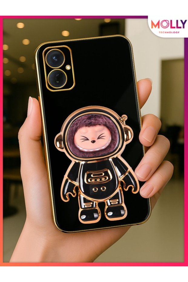 Black Labubu Astronaut Stand Gold Detailed Luxury Silicone Case for Tecno Spark 9 Pro
