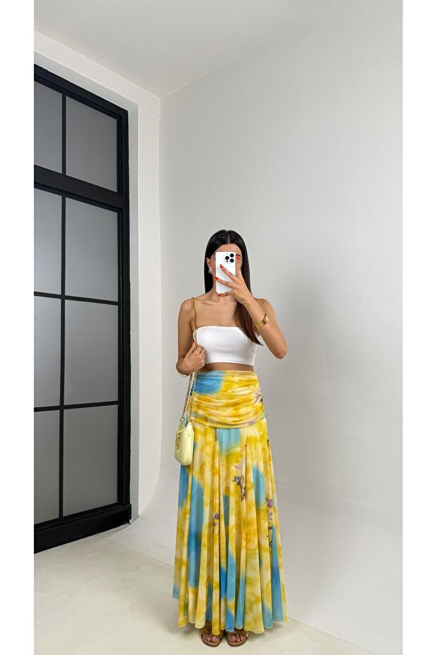Sarı Çok Renkli Desenli Drape Detaylı Astarlı Şifon Etek GAUS-0023 - 2