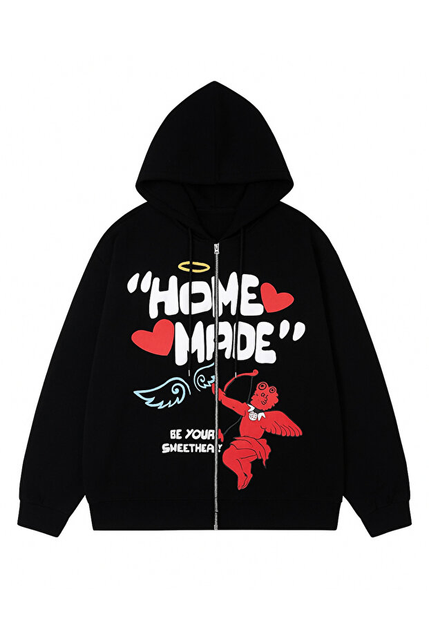 Streetwear Printed Oversize Zippered Black Unisex Hooded Cardigan