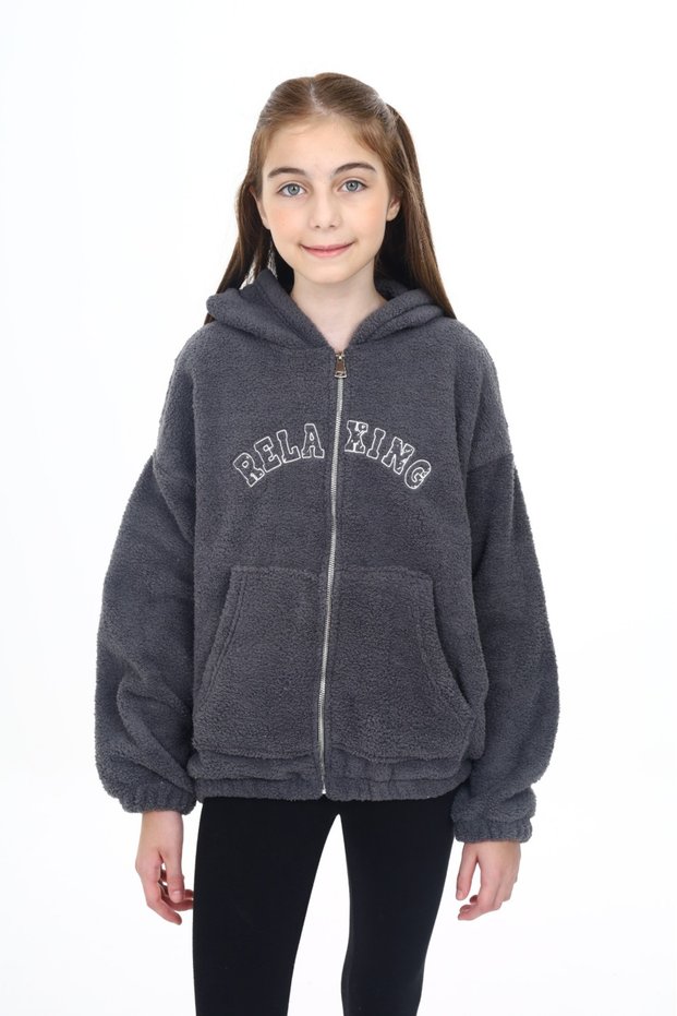 Girl's Hooded Zippered Pockets Off Shoulder Embroidery Printed Plush Cardigan