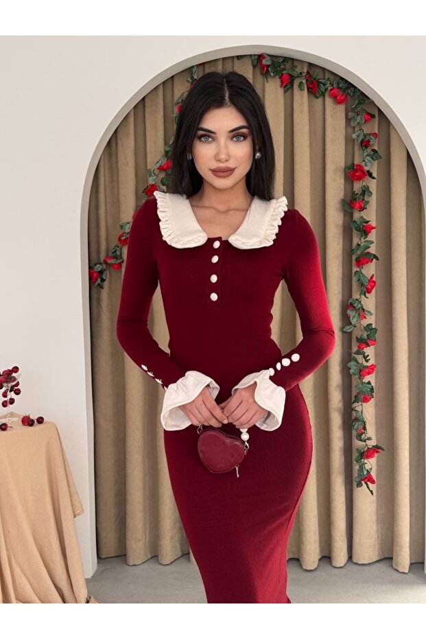 Arlena Retro Fırfır Detay Uzun Triko Elbise - 6
