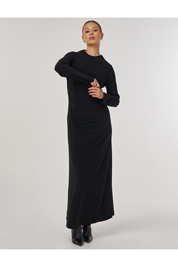 Bisiklet Yaka Drapeli Elbise Siyah - 1