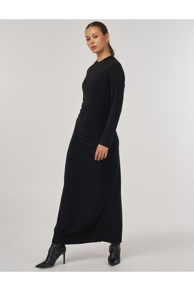 Bisiklet Yaka Drapeli Elbise Siyah - 2