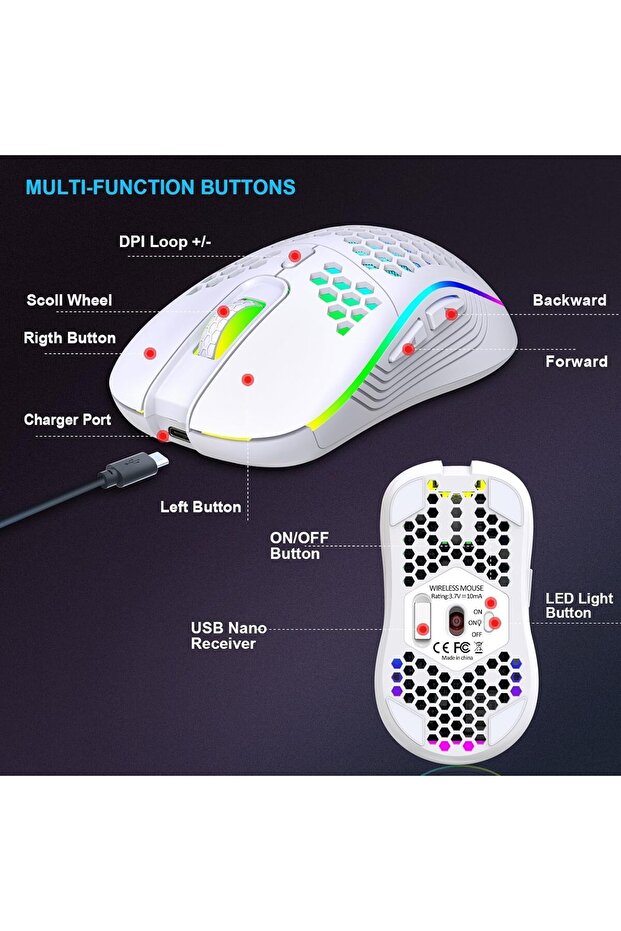 ® ماوس لاسلكي ماوس ألعاب لاسلكي قابل لإعادة الشحن ماوس كمبيوتر بإضاءة خلفية RGB 6 أزرار قابلة للتعديل - 4