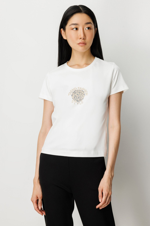 Short Sleeve Blouse with Stone Print on the Front