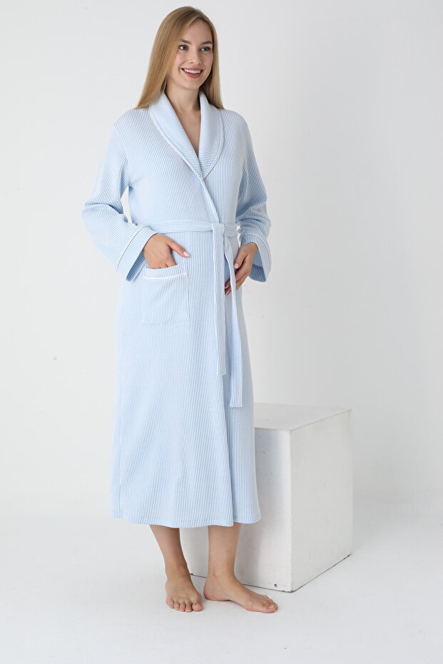 Striped Long Maternity and Postpartum One-Piece Robe with Collar Detail