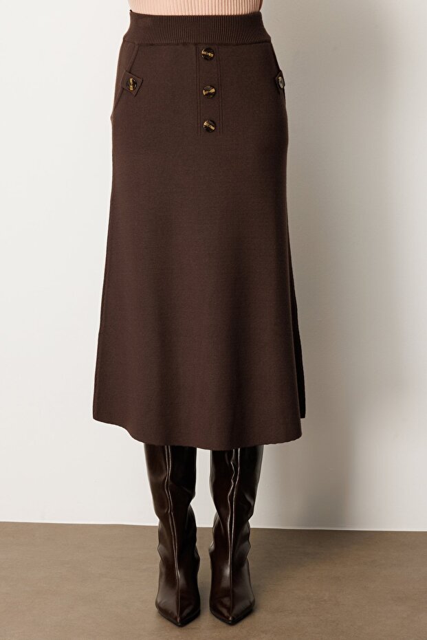 Düğmeli Triko Etek - 4