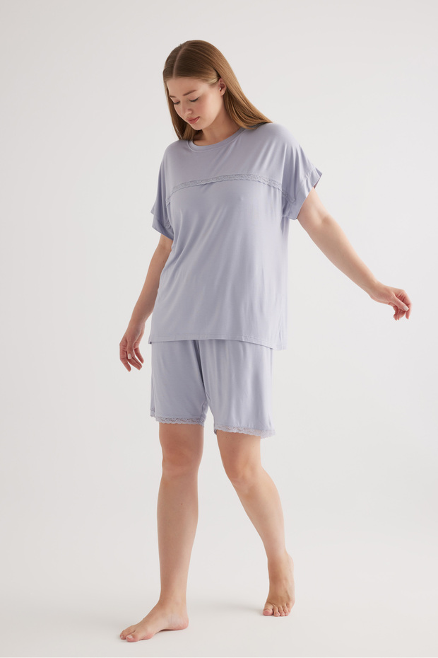 Kadın Plus Size Viscose Kısa Kollu Şortlu Pijama Takımı - 2