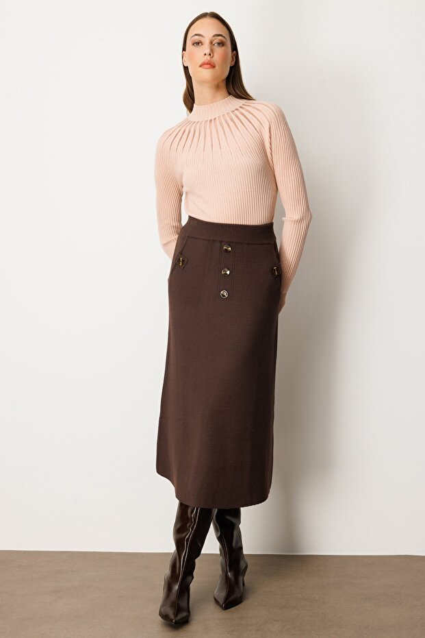 Düğmeli Triko Etek - 1