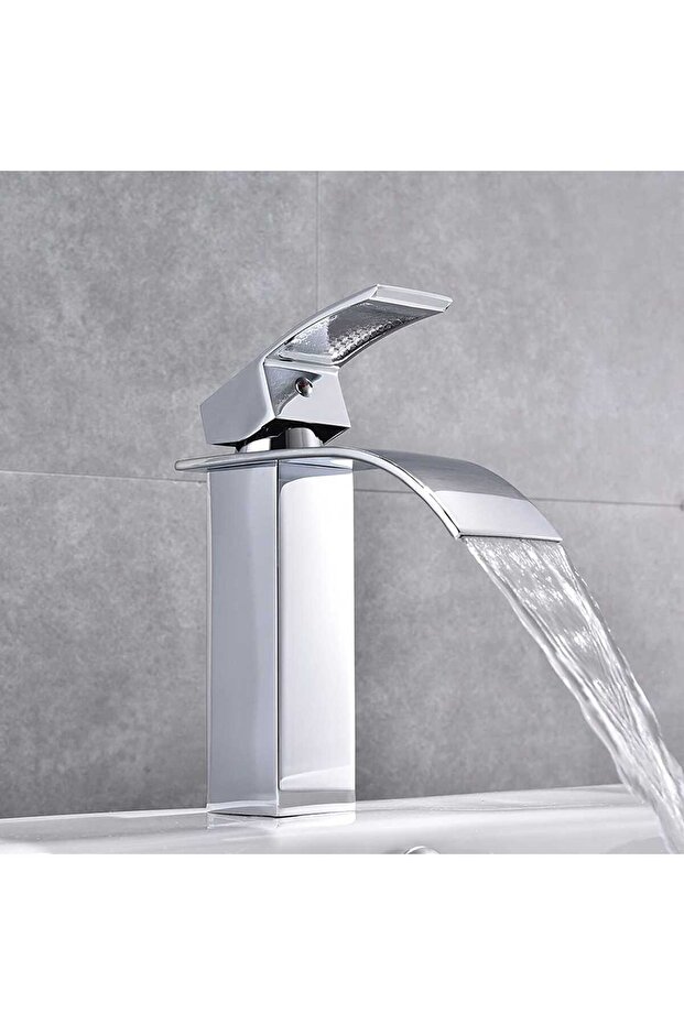 Modern Waterfall Sink Faucet, Single Lever, with Mounting Plate, Chromed Brass - 2