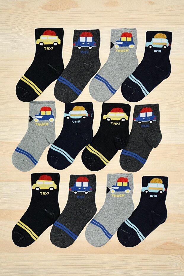 12 Pairs of Seamless Toe Car Patterned Winter Thick Towel Boys' Socks