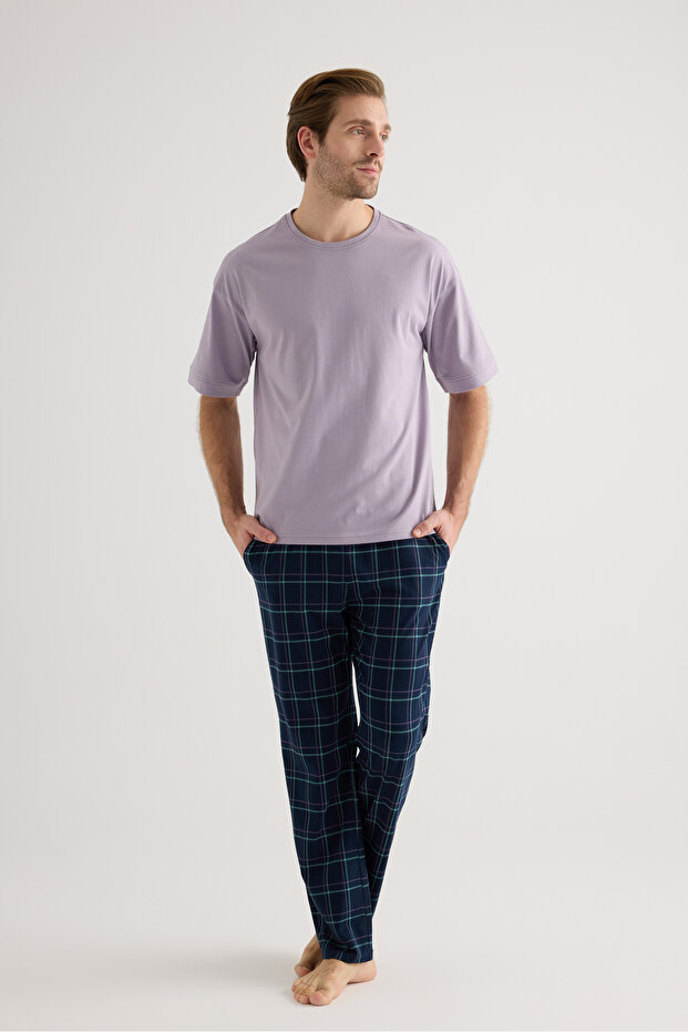Erkek Pamuklu Kısa Kollu Uzun Pijama Takımı - 1