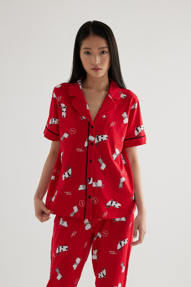 Kadın Pamuklu Kısa Kollu Gömlek Pijama Üstü - 3