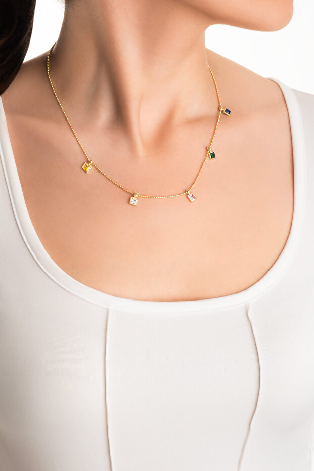 Minimal Renkler 18 Ayar Sarı Altın Kaplama 45 Cm Gümüş Kolye - 4