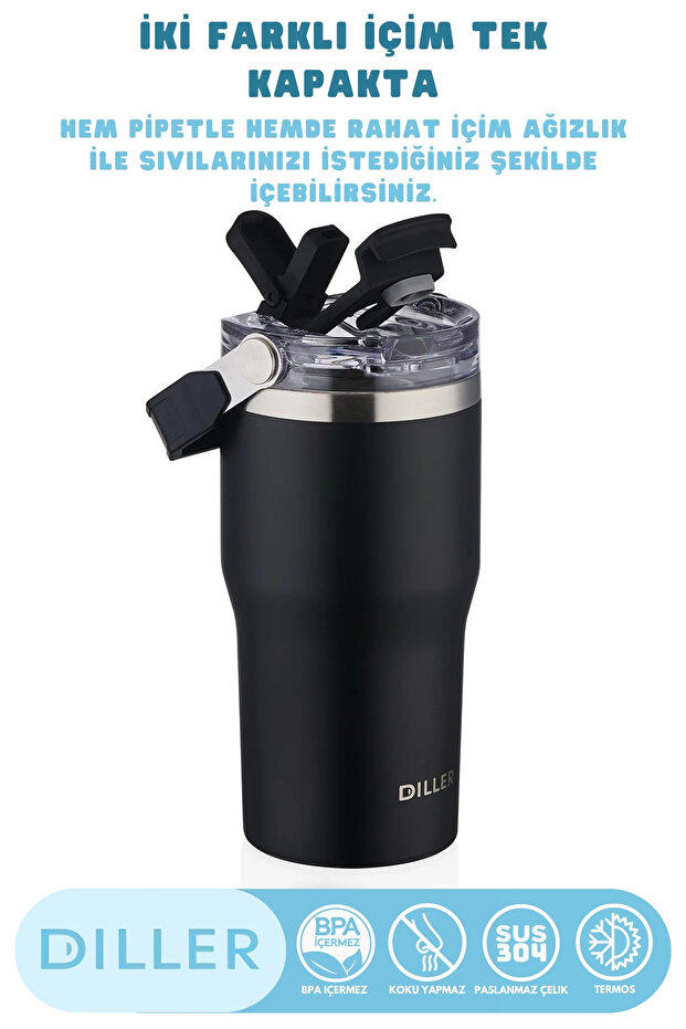 620ml Yeni Koleksiyon Tumbler Pipetli/Pipetsiz Kullanım Kulplu Paslanmaz Çelik Termos - 2