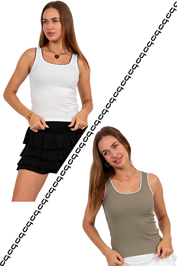 Pack of 2 White/Green Embroidery Detail 100% Cotton Thick Strap Bluz