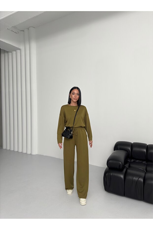 Kadın Haki Modal Uzun Kolu Soft Touch Spor Takım - 3