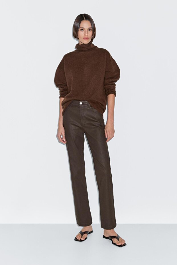 Yüksek bel straight fit mumlu pantolon - 1