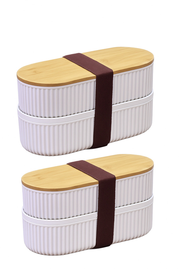 2 adet 2'li Bambu Kapaklı Saklama ve Beslenme Kutusu – 2 Katlı, 20 x 9 x 5,5 cm - 1