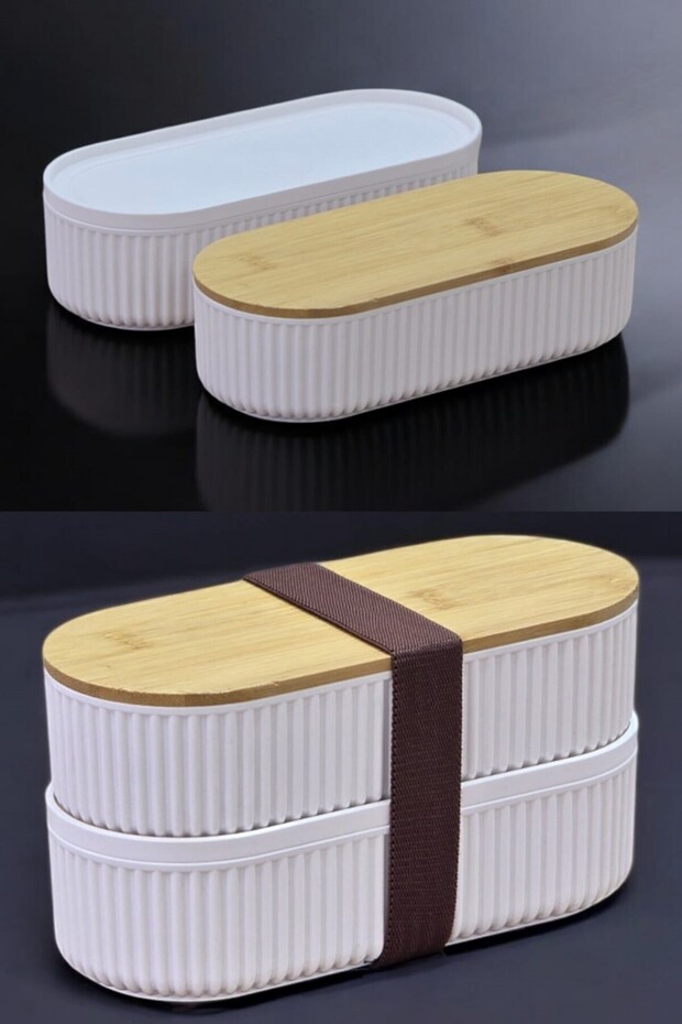 2 adet 2'li Bambu Kapaklı Saklama ve Beslenme Kutusu – 2 Katlı, 20 x 9 x 5,5 cm - 2