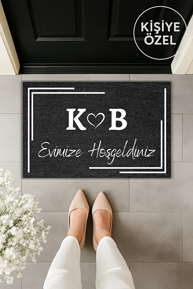 Modern Dijital Baskı Füme Baş Harfli Kapı Önü Paspas 70x45cm - 1