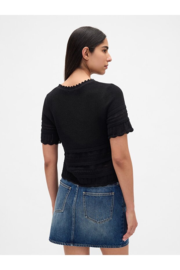 Kadın Siyah Linen-Blend Pointelle Crop Kazak - 4