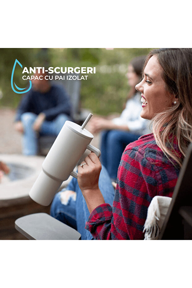 Thermos mug with handle and lid with straw, 1200 ml, double wall, heat-resistant, Beige - 2