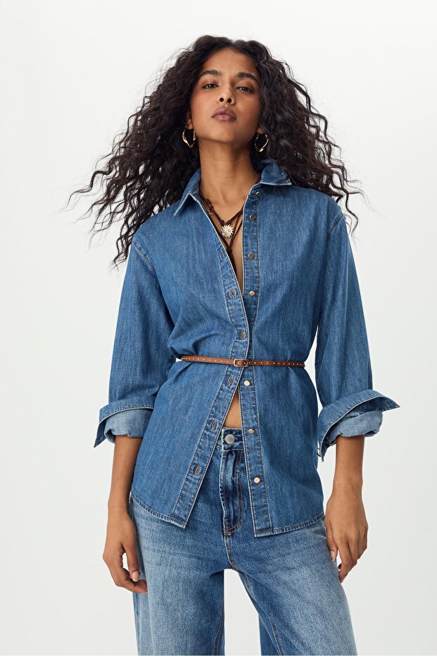 Kemerli denim gömlek - 2