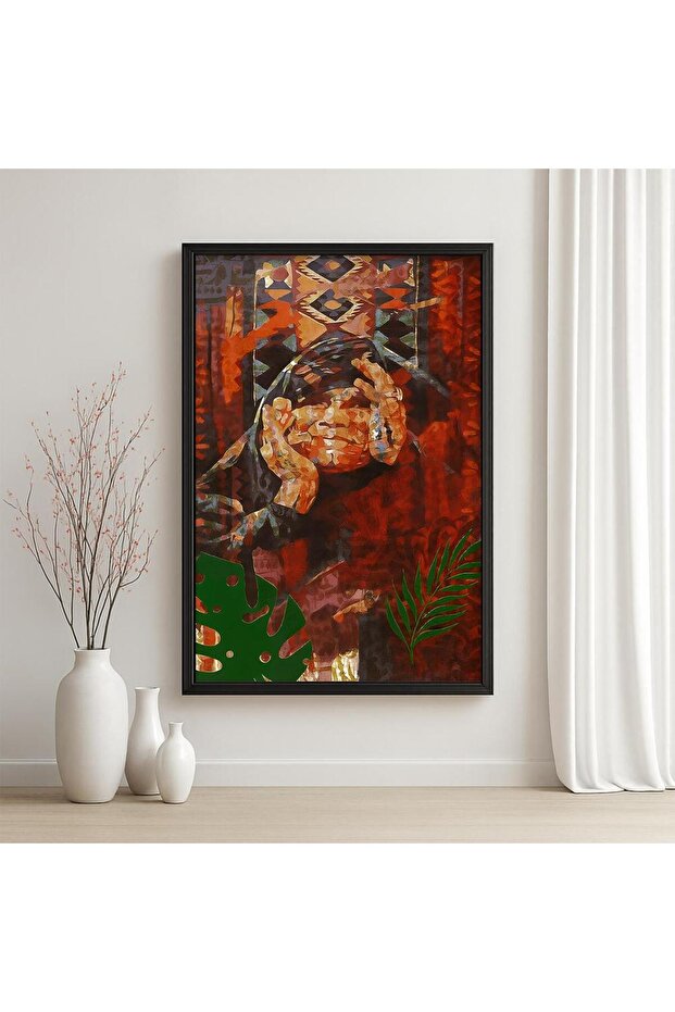 لوحة قماشية بتصميم الفن النجدي مع برواز فضي مجوف