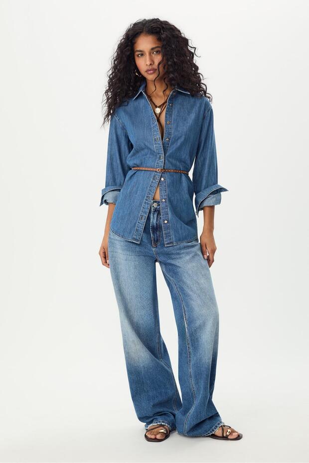 Kemerli denim gömlek - 1