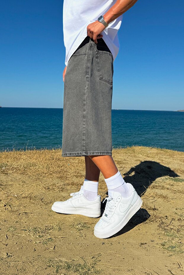 Yıkamalı Basic Kot Şort Antrasit - 2