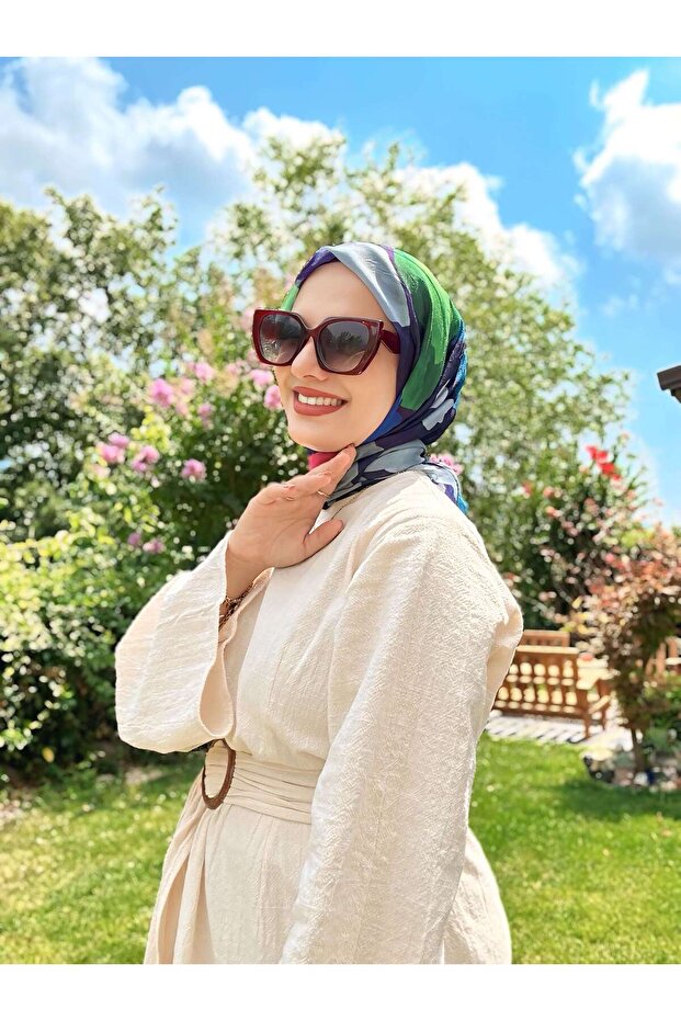 Palet Desen Bambu Eşarp - Mor - Yeşil - 2