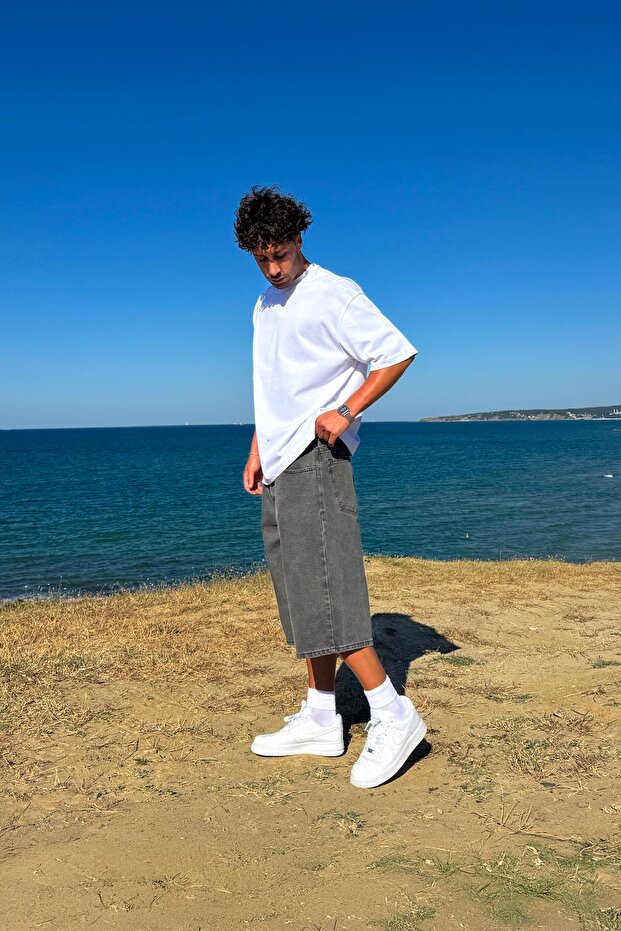 Yıkamalı Basic Kot Şort Antrasit - 5