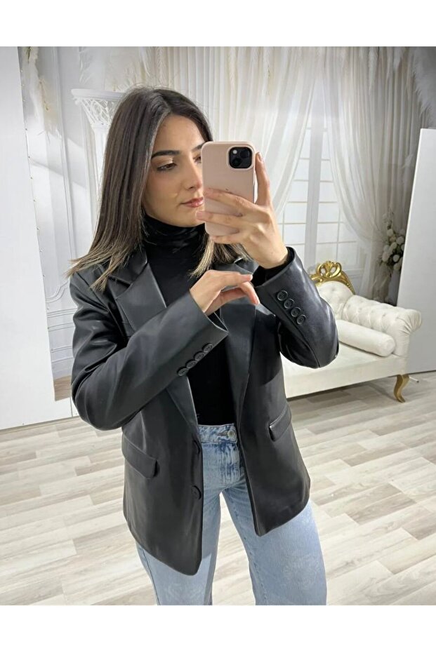SİYAH DERİ BLAZER CEKET - 3