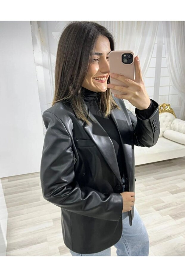 SİYAH DERİ BLAZER CEKET - 2