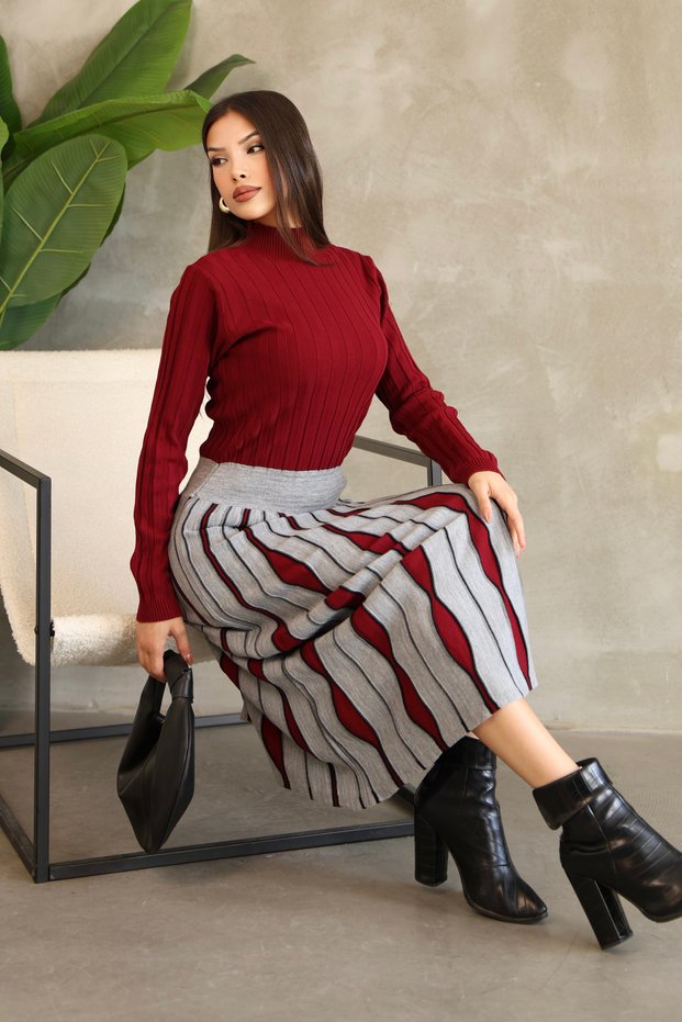 Half Fisherman's Collar Long Sleeve Elastic Waist Drop Pattern Pleated Midi Ankle Length Knitwear Dress