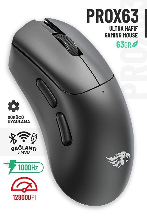 63B Bluetooth Kablosuz Kablolu Şarjlı 12800 Dpı Gaming Mouse Makrolu Ultra Hafif Oyuncu Mouse Siyah - 1