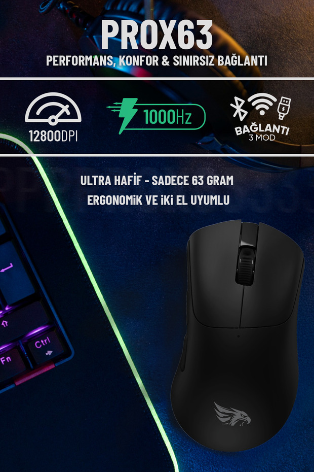 63B Bluetooth Kablosuz Kablolu Şarjlı 12800 Dpı Gaming Mouse Makrolu Ultra Hafif Oyuncu Mouse Siyah - 2