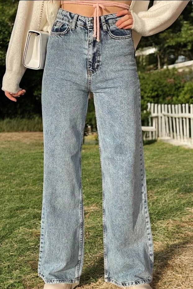 Women's Blue Relaxed Fit High Waist Denim Trousers