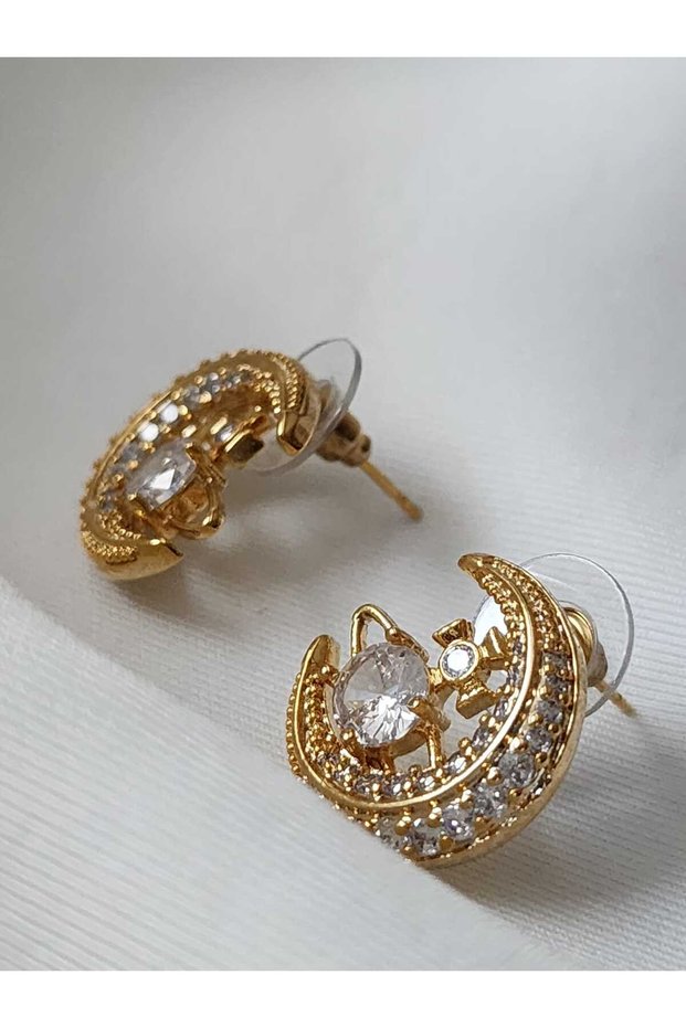 Ayyildiz Hilal Steel Earrings with Zircon Stone Gold and Silver Color