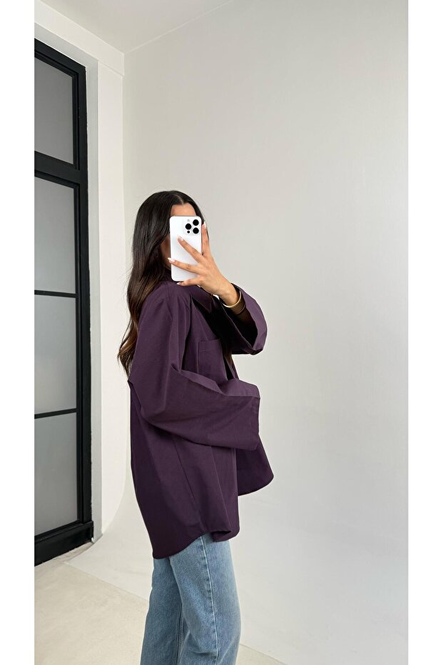 Mürdüm Oversize Cep Detaylı Poplin Gömlek GAUS-0072 - 2