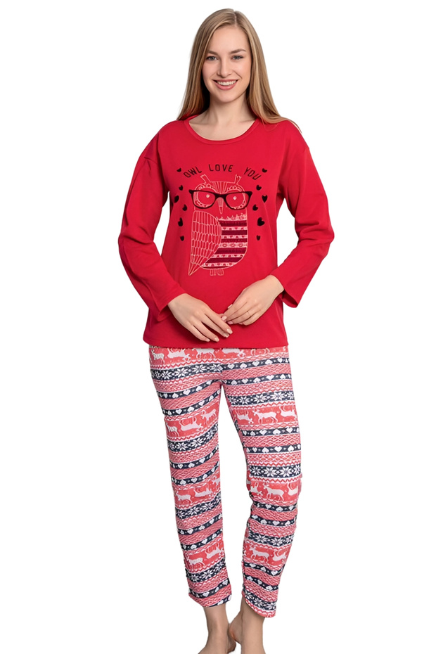 Pamuklu Desenli 2 İplik Şardonlu Kışlık Uzun Kollu Pijama Takımı - 5