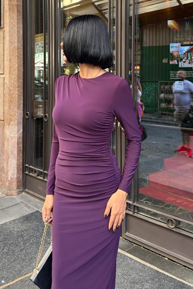 Mor Beli Drapeli Sandy Elbise -MOR - 5