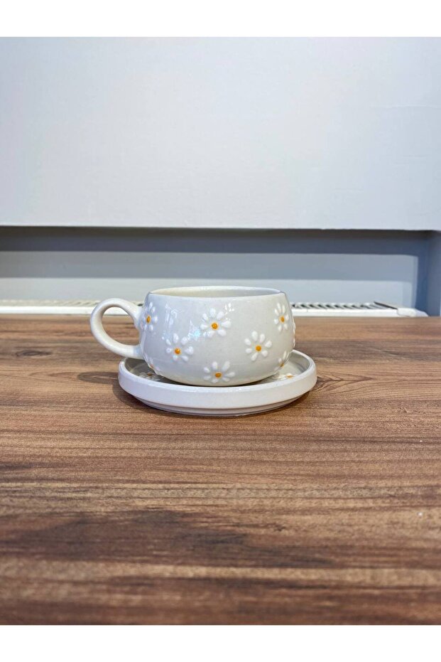 PAPATYA DESENLi EL YAPIMI SERAMİK ÇAY, KAHVE SETİ 2 ADET BARDAK TAKIMI VE 1 ADET ŞEKERLİK - 5