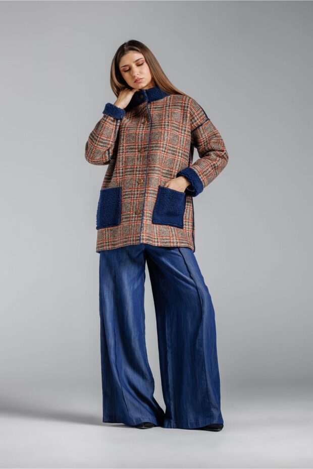 Oversized checkered fur jacket