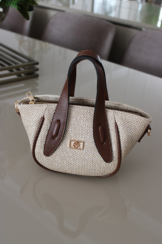 Women's Straw Look Mini Brown Elegant Hand and Shoulder Bag Faux Leather
